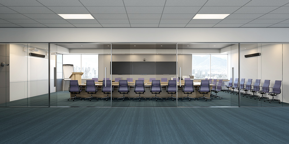 Large meeting space featuring the Nureva Dual HDL300 audio conferencing system